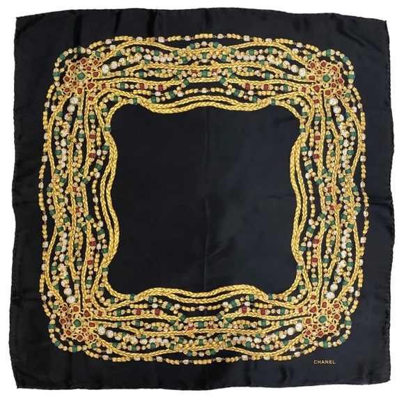 ✨🛍️ Chanel Black Jewelry Pattern Silk Scarf - Picture 1 of 7